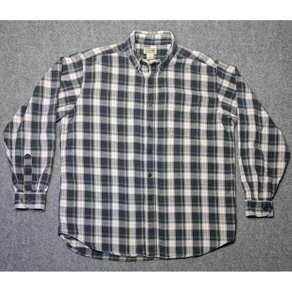 L.L. Bean Men's 100% Cotton Flannel Short Plaid Blue White Yellow Size Large Reg